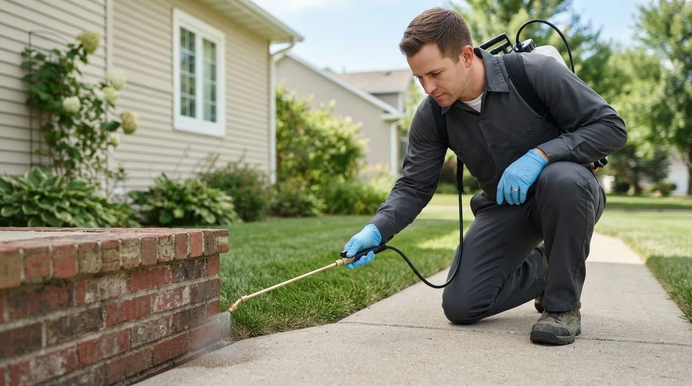 Pest control technician treating a home near Raymond, NH