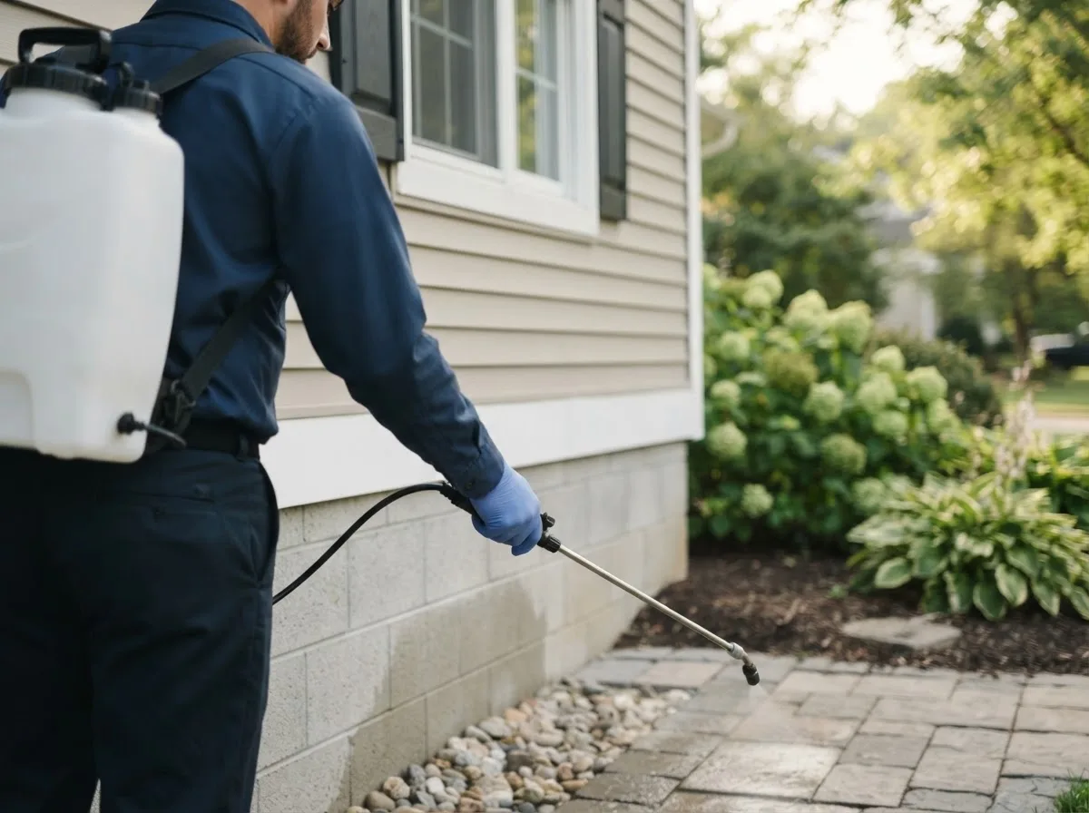 Pest control technician inspecting a home in Raymond, NH